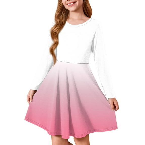 Abcomgle Girls Dresses Size 10-12 Casual A-Line Long Sleeve Tshirt Dress Gradient Crew Neck Girls Skater Dress Swing Dresses for 4-14t Kids 13-14 Years,Light pink