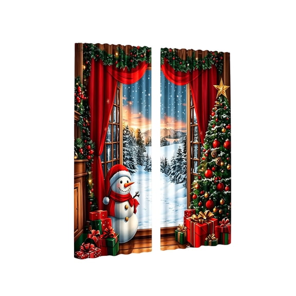 QISIWOLE Festive Christmas Themed Decorative Curtains, 2 Pack 65x29in Polyester Fabric with Rod Pocket, Holiday Window Display for Living Room Bedroom Party, Snowman Red Curtain Scene