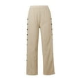 thumbnail image 4 of Women Striped Print Side Button Casual Pants, Elastic Waist Loose Straight Pocket Comfort Long Trousers 04-Khaki S, 4 of 5