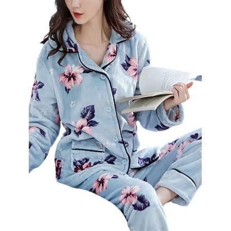 

Beiwei Ladies Sleepwear Lapel Pajamas Sets Long Sleeve Nightgown Baggy Lounge Set Winter Warm Nightwear Button Down Loose Sky Blue XS