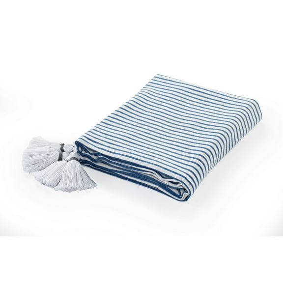 Laddha Home Designs Blue and Ivory Classic Striped Throw Blanket with Tassels 50" x 60"