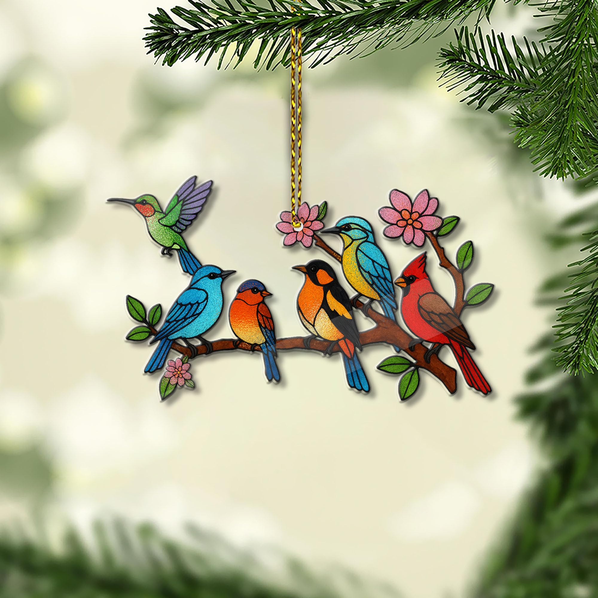 Hologram Bird On Branch Ornament Colorful Stained Glass Style Hanging Decoration for Christmas Tree, Window or Garden – Decorative Acrylic Birds Ornament Gift for Bird Lovers