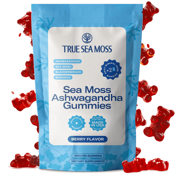 True Sea Moss Ashwagandha Gummies with Sea Moss, Burdock & Bladderwrack, Vegan Herbal Blend for Men & Women, 60 Gummies in Pouch