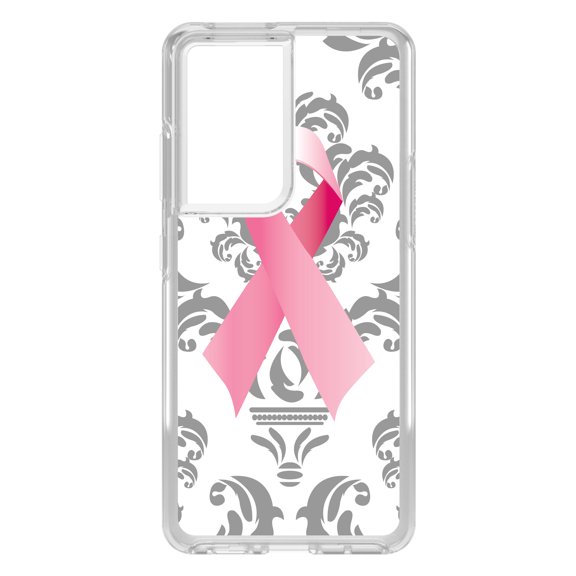 DistinctInk Clear Shockproof Hybrid Case for Galaxy S21 ULTRA 5G (6.8" Screen) - TPU Bumper, Acrylic Back, Tempered Glass Screen Protector - Grey Damask Pink Ribbon - Breast Cancer Awareness