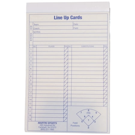 Martin Sports Baseball Softball 12-Pack Line Up Cards, 4-Part Carbon Copy
