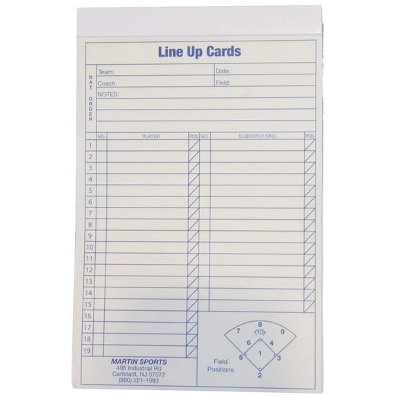 Martin Sports Baseball Softball 12-Pack Line Up Cards, 4-Part Carbon Copy