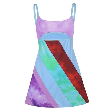 

Womens Summer Plus Size Sleeveless Contrast Color U-neck Hollow Suspender A-line Short Dress