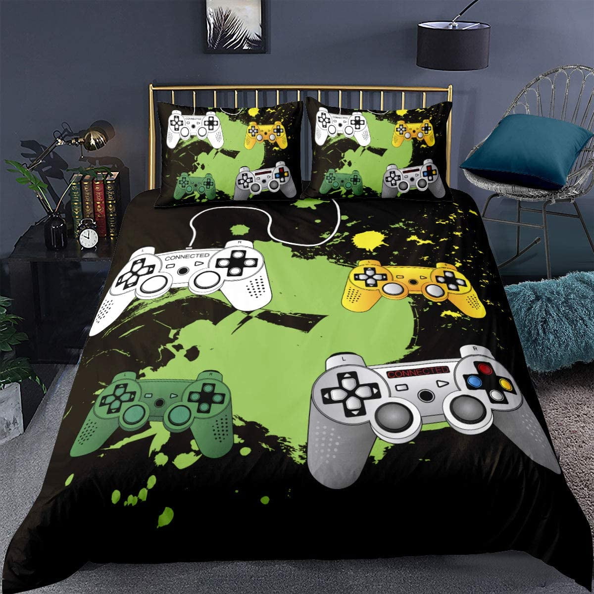 Erosebridal Games Bedspread Decorative 3 Piece Bedding Set with 2 Pillow Cases Kids Gamepad Printed Quilted Coverlet Modern Vr Gamer Player Gaming Coverlet Set for Boys Girls Teens King Size