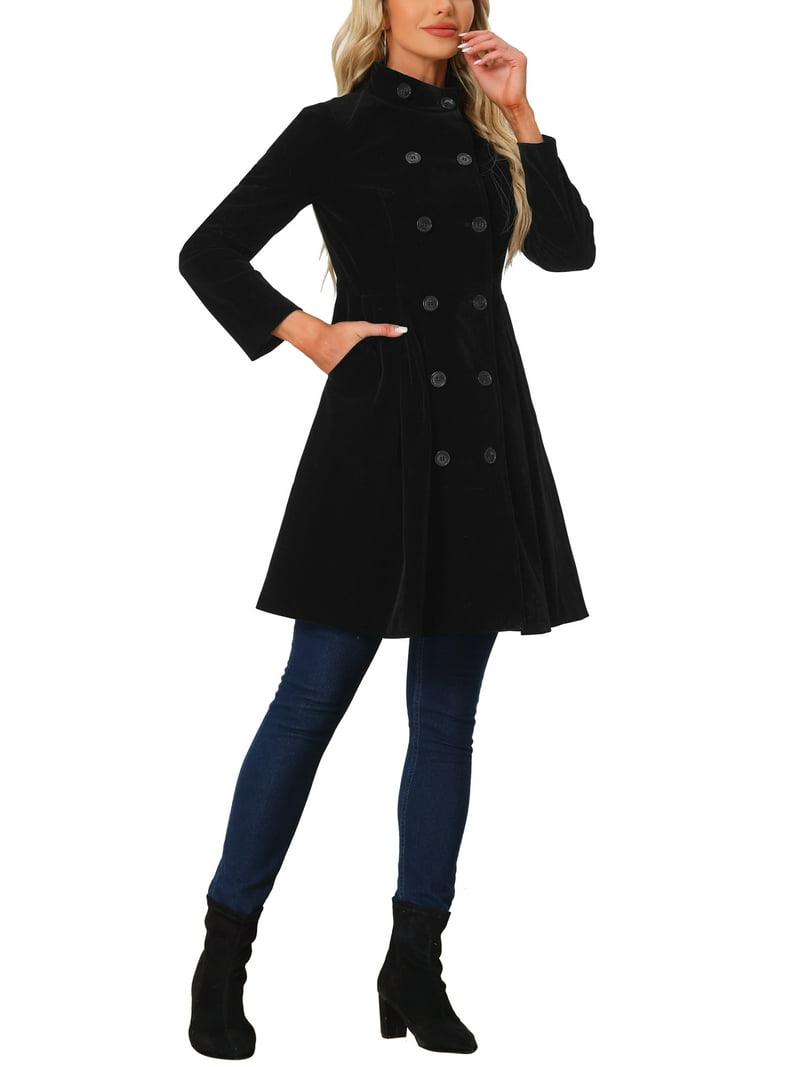 INSPIRE CHIC Women's Velvet A-Line Coat Double Breasted Stand