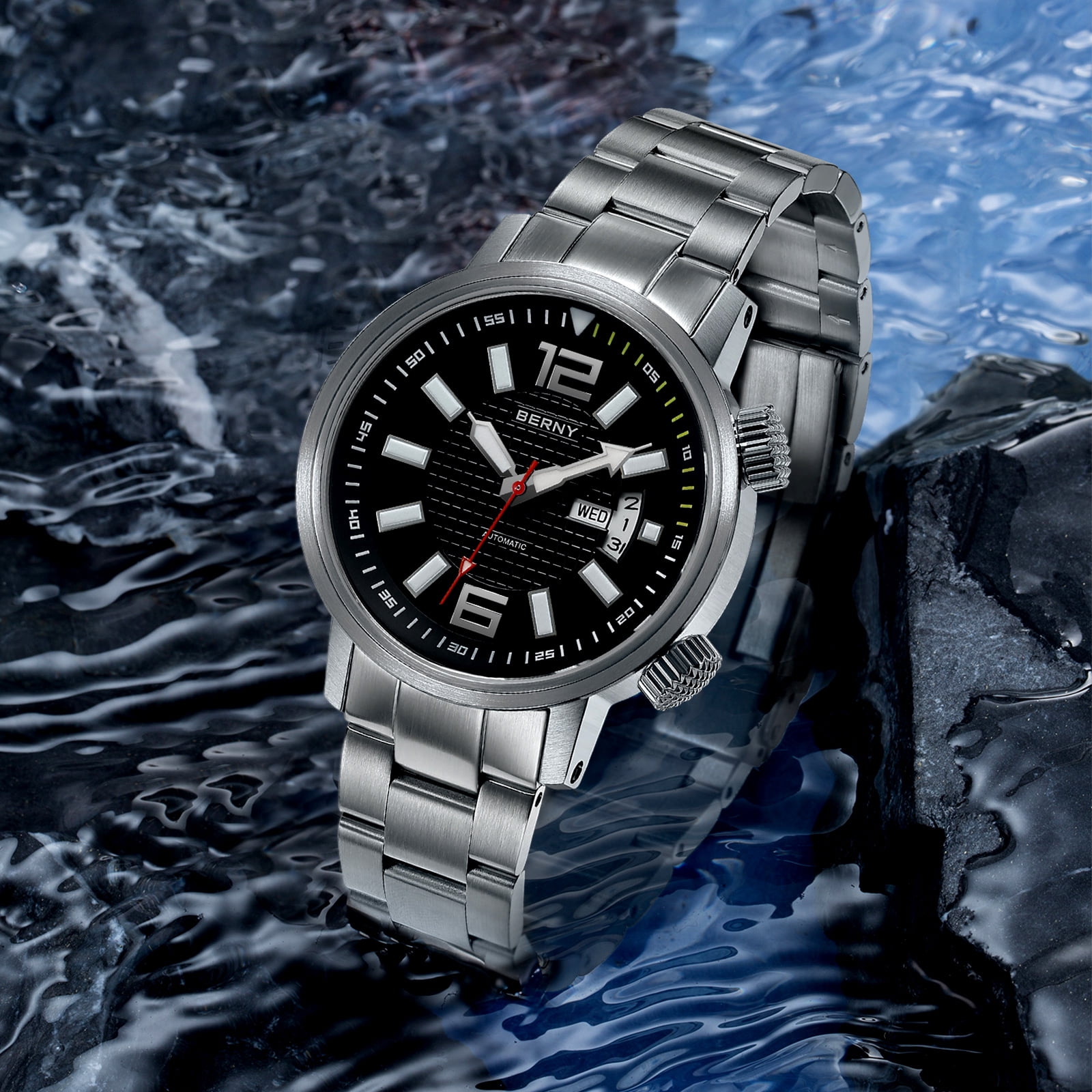 BERNY Automatic Dive Watches for Men, Sport 200M Waterproof Analog Mechanical Watch with Day & Date Calendar, Super Luminous, Stainless Steel, Sapphire Crystal, Fashion Men's Pro Diver Watch (Black)