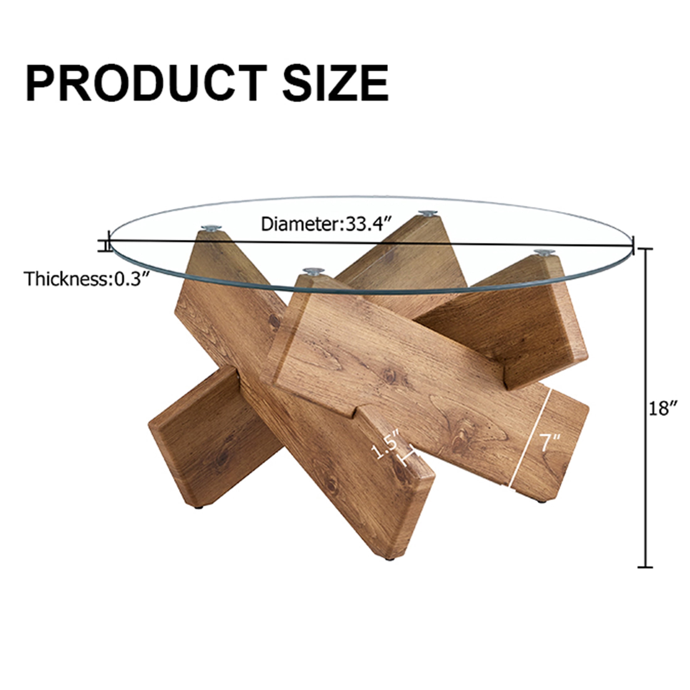 PORKISS Coffee Table, Glass Round Coffee Table for Living Room with Wood Legs, 33.4" Farmhouse Tea Table for Apartments, Reception Rooms, Center Table, Brown