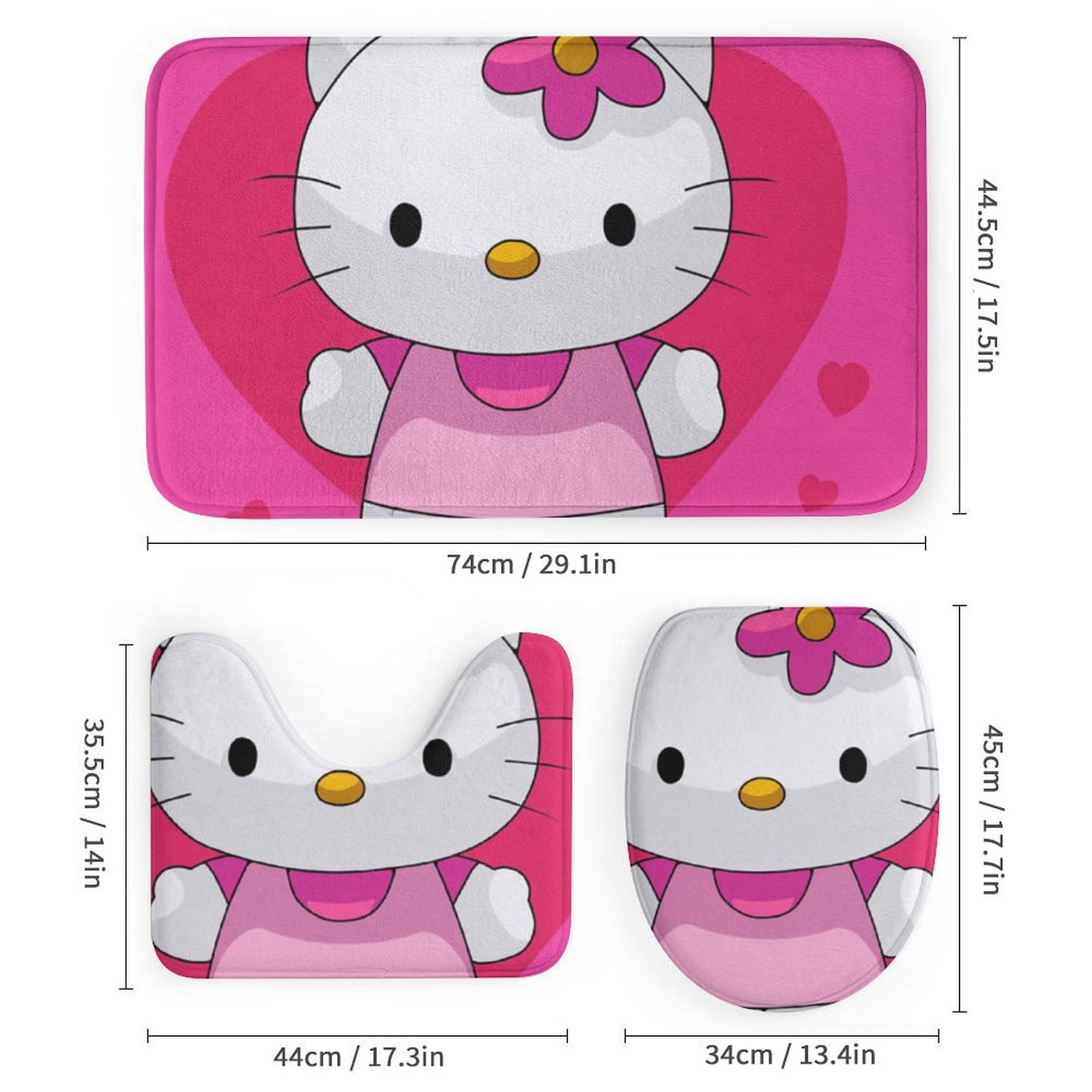4PCS Hello Kitty Cat Cute Shower Curtain Sets Bathroom Set with Floor Mat, U-Shaped Mat, Toilet Lid Cover Mat And Shower Curtain for Bathroom Decor