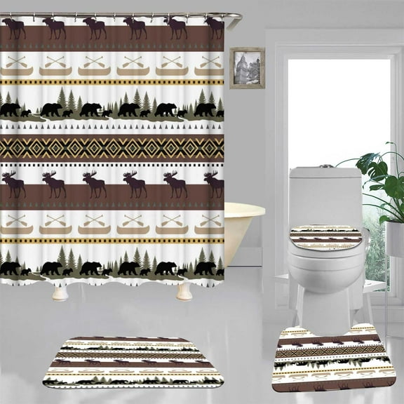 4PCS Hunting Shower Curtain Sets with Rugs, Waterproof Fabric Brown Shower Curtain, Camo Woodland Wildlife Forest Wild Animal Elk Moose Country Cabin Lodge Rustic Farmhouse Bathroom Decor