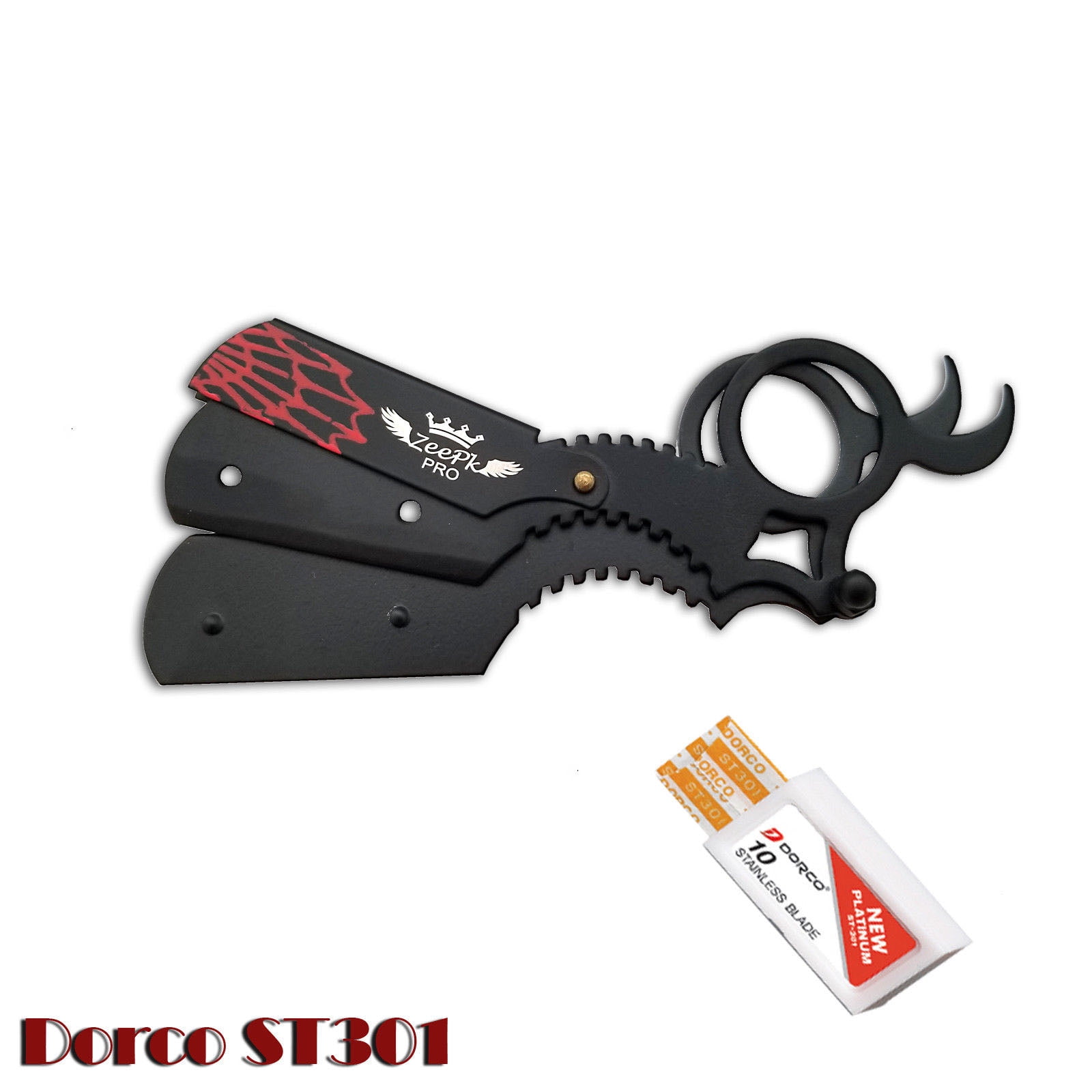 Barber Straight Edge Finger Insert Handle Shaving Razor Black Red