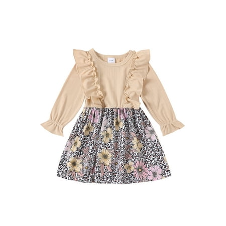 

Canis Kids Girl Dress in Casual Floral Print Long Sleeves Princess A-Line Dress
