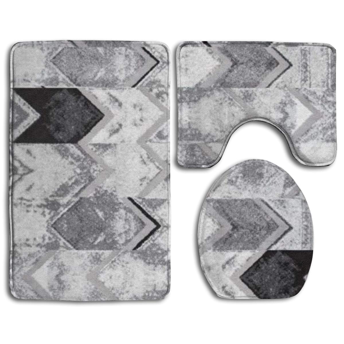 PUDMAD Gray Stripes 3 Piece Bathroom Rugs Set Bath Rug Contour Mat and Toilet Lid Cover