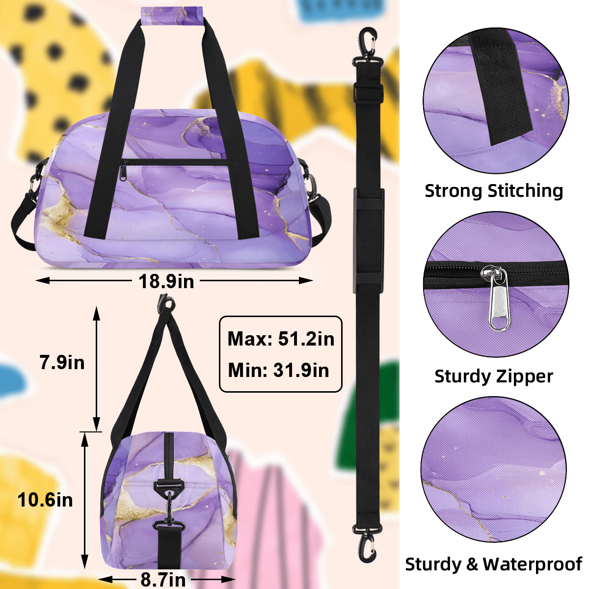 Herdesigns Purple Sports Duffle Bags Travel Duffle Bag Gym Bag Marble Weekender Travel Bag Waterproof Overnight Bag Carry On Travel Tote Bag Dance Bags