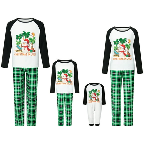 Family Matching Christmas Vacation Pajamas, SnowmanTree Print Long Sleeved Tops Plaid Trousers Sleepwear Outfits