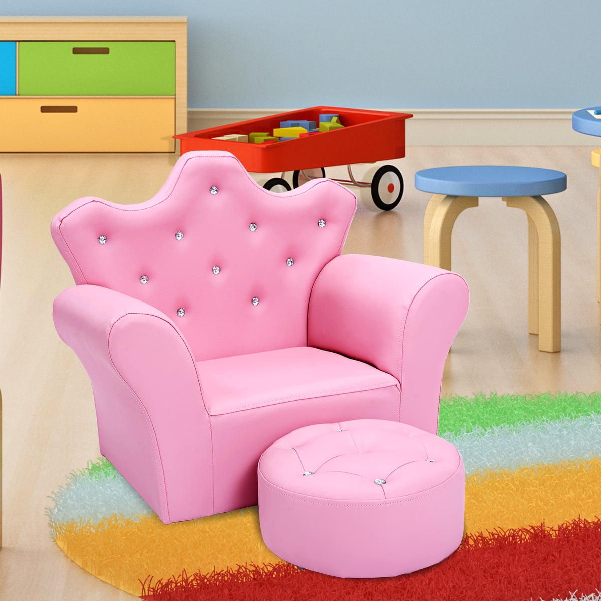 Costway Pink Kids Sofa Armrest Chair Couch Children Toddler Birthday Gift with Ottoman Pink