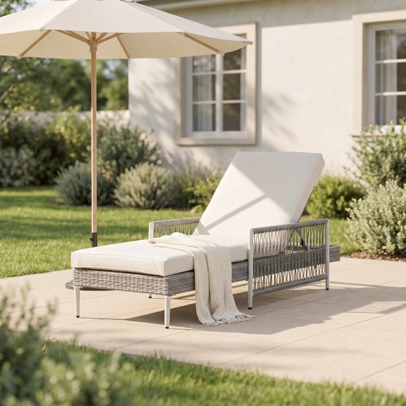 DTTRA 77" Rattan Minimalist Outdoor Chaise Lounge Chair with Cushion, Gray