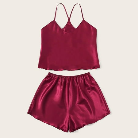 

Cathalem Fireman Men Nightwear Satin Sleepwear Lace Silk Up Women Pajamas -Lingerie Set Woman Lingerie Strap Underwear Red Small