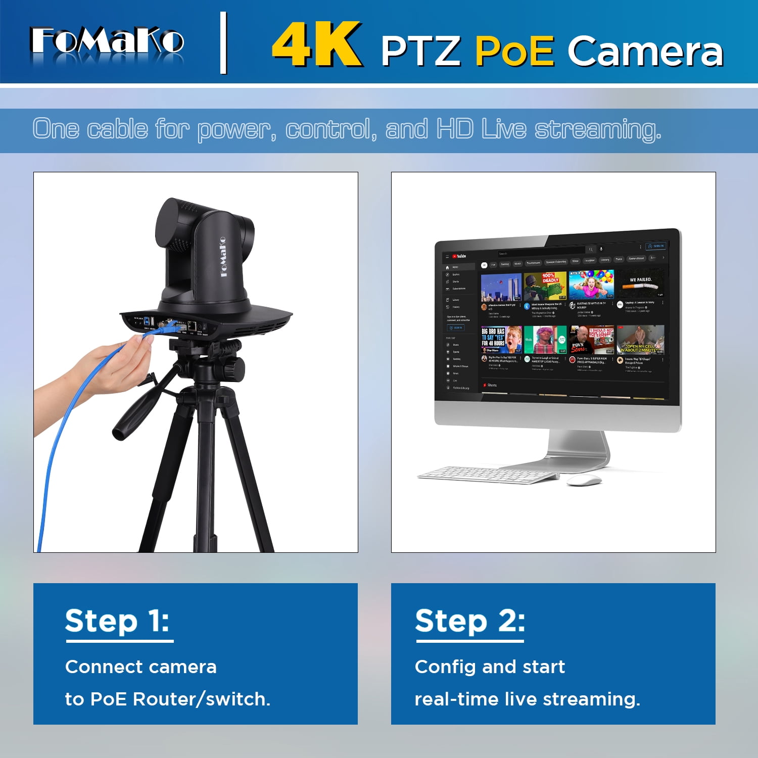 FoMaKo K30NS 4K 30x Optical Zoom PTZ Camera with NDI 6 & NDI HX3, KC800 HDMI Video Switch with Integrated PTZ Controller, for Church, Worship, (K30NS x2 + KC800)