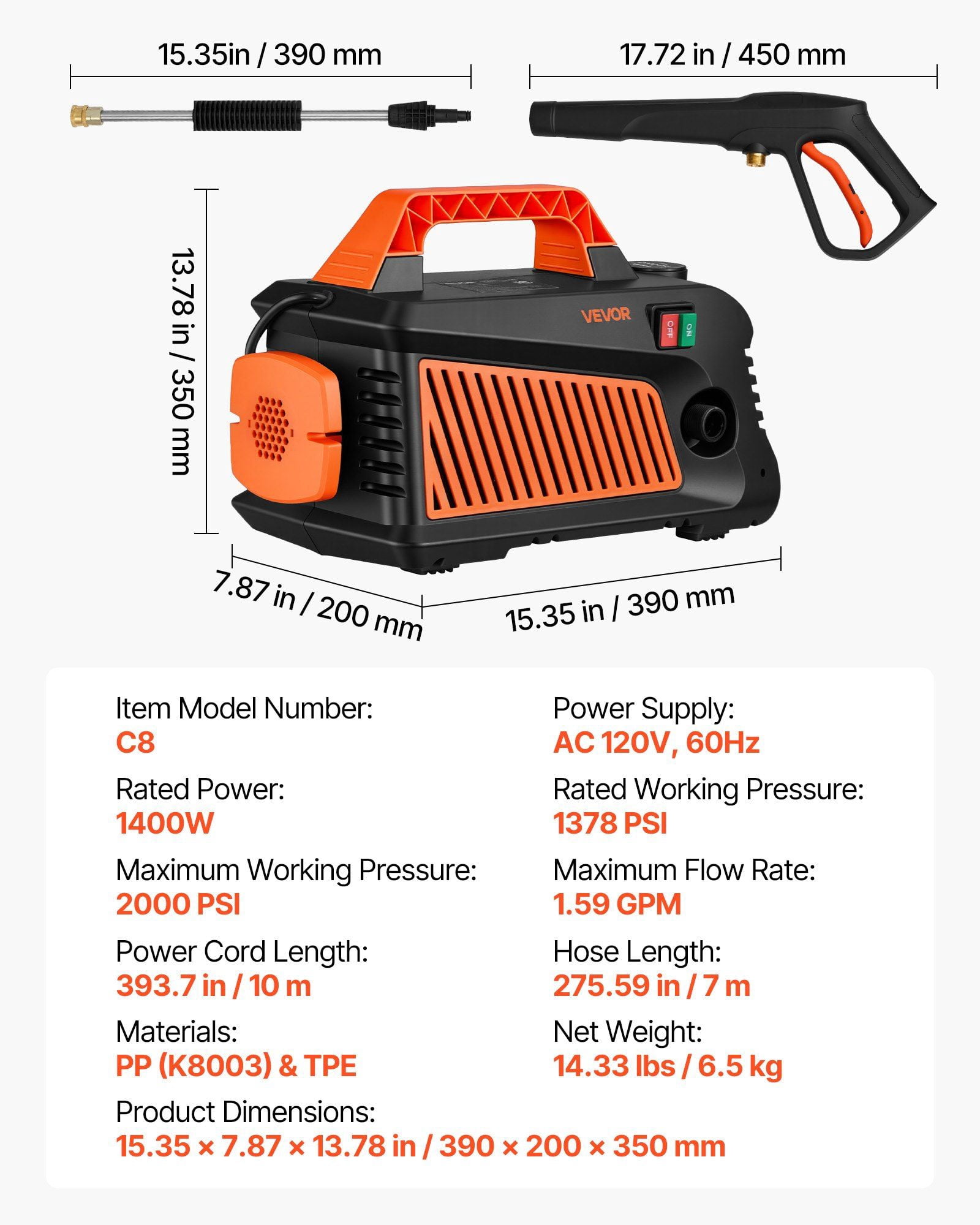 Electric Pressure Washer, 2000 Max PSI 1.59 Max GPM, Portable Power Washer with 4 Nozzles, Metal Extension Wand, Built-in Carry Handle, Compact & Flexible for Cars,Driveways,Patios,Fences,Home