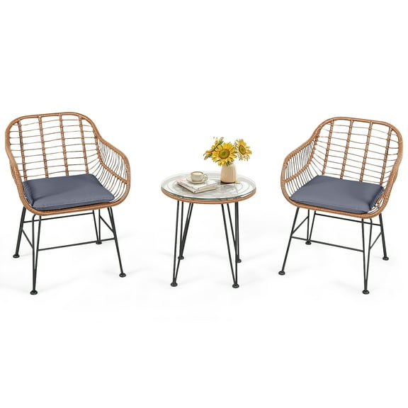 Patiojoy 3PCS Patio Rattan Furniture Set with Round Tempered Glass Top Table & 2 Rattan Armchairs Gray Cushions
