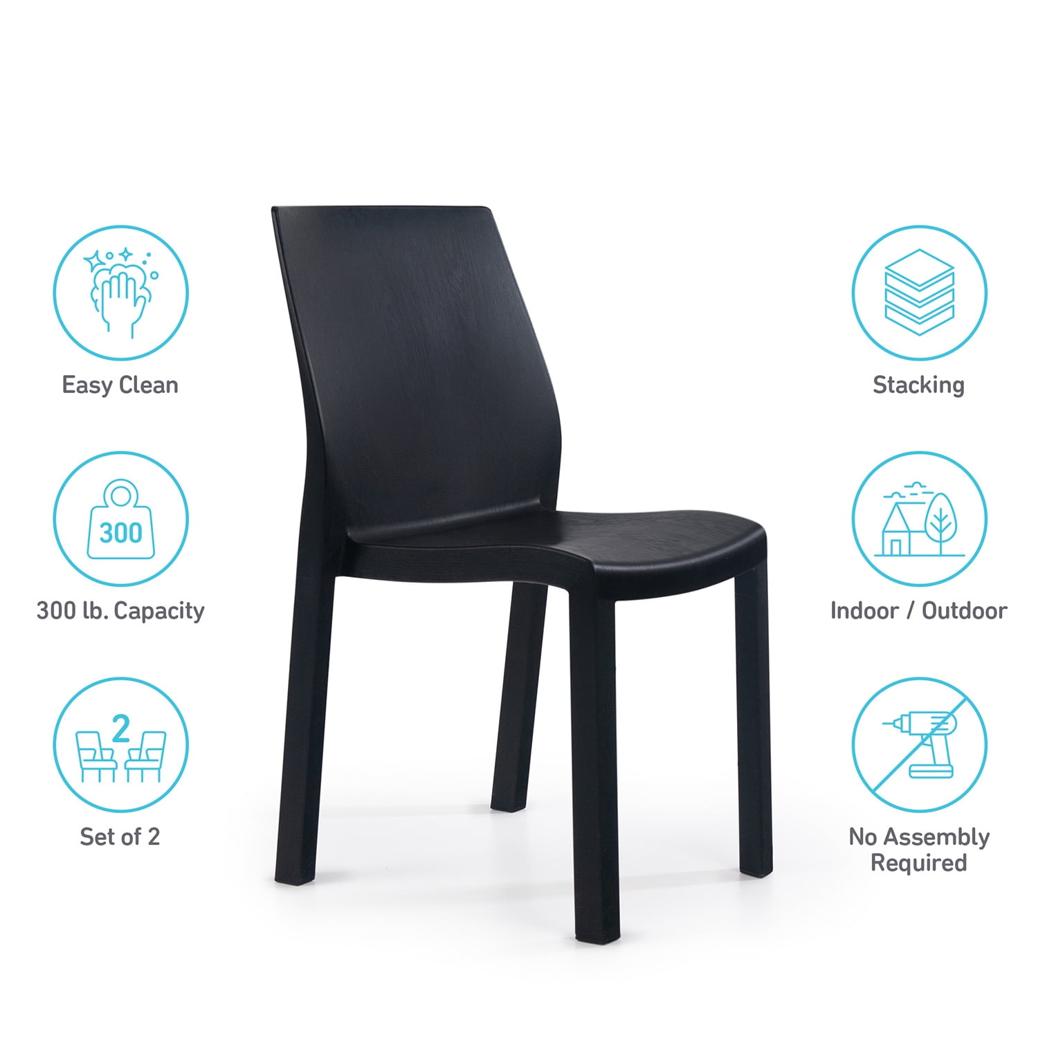 WRGHOME Palma Modern Outdoor/Indoor Plastic Resin Stacking Patio Dining Chairs  (Set of 2) - BLACK