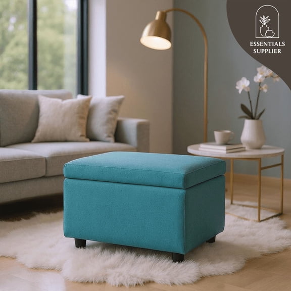 Blue Linen Storage Ottoman Bench with Hidden Compartment – 24.8" Wide