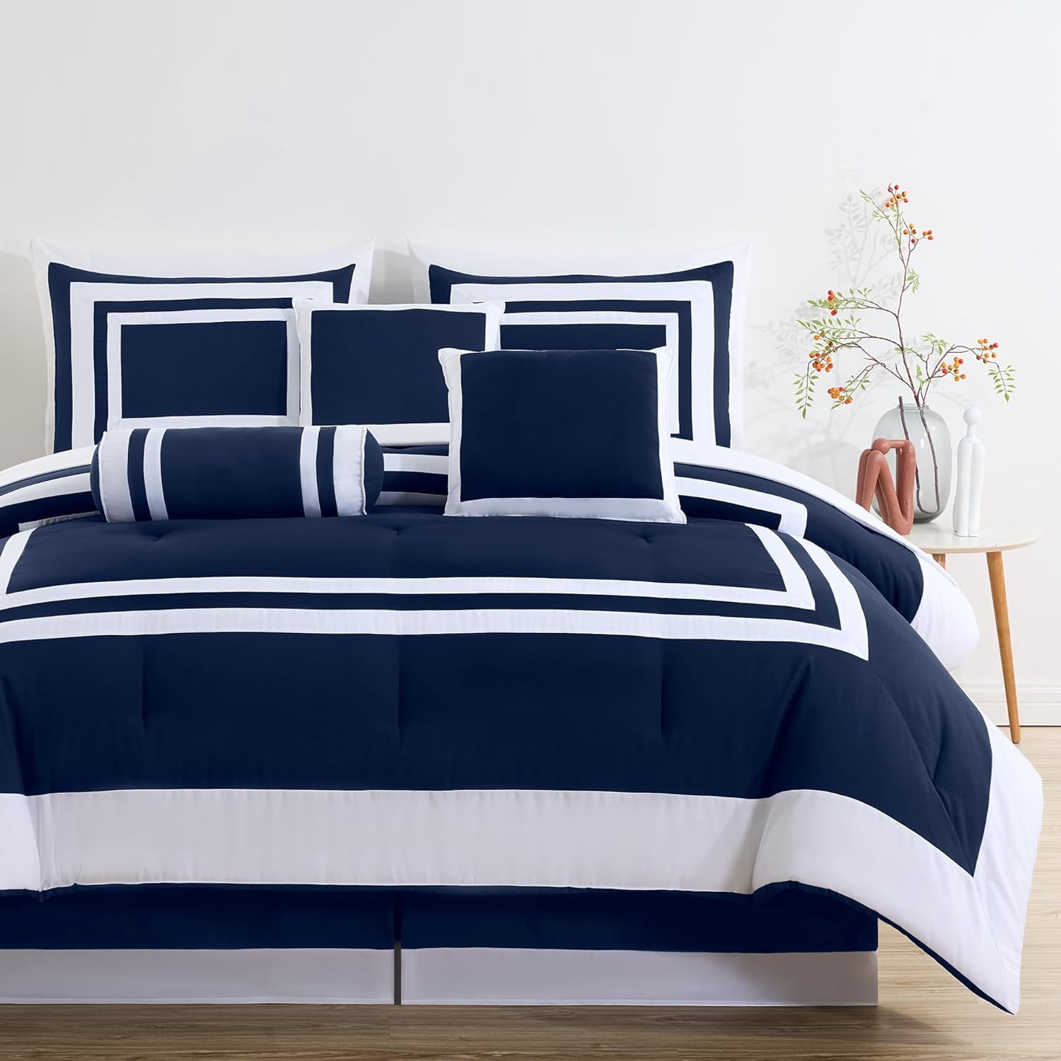 Chezmoi Collection Caprice 7-Piece Hotel Style Comforter Set King Size, Navy/White Square Pattern Color Block Bedding with Decorative Pillows, Luxurious Lightweight All Season Bed Set