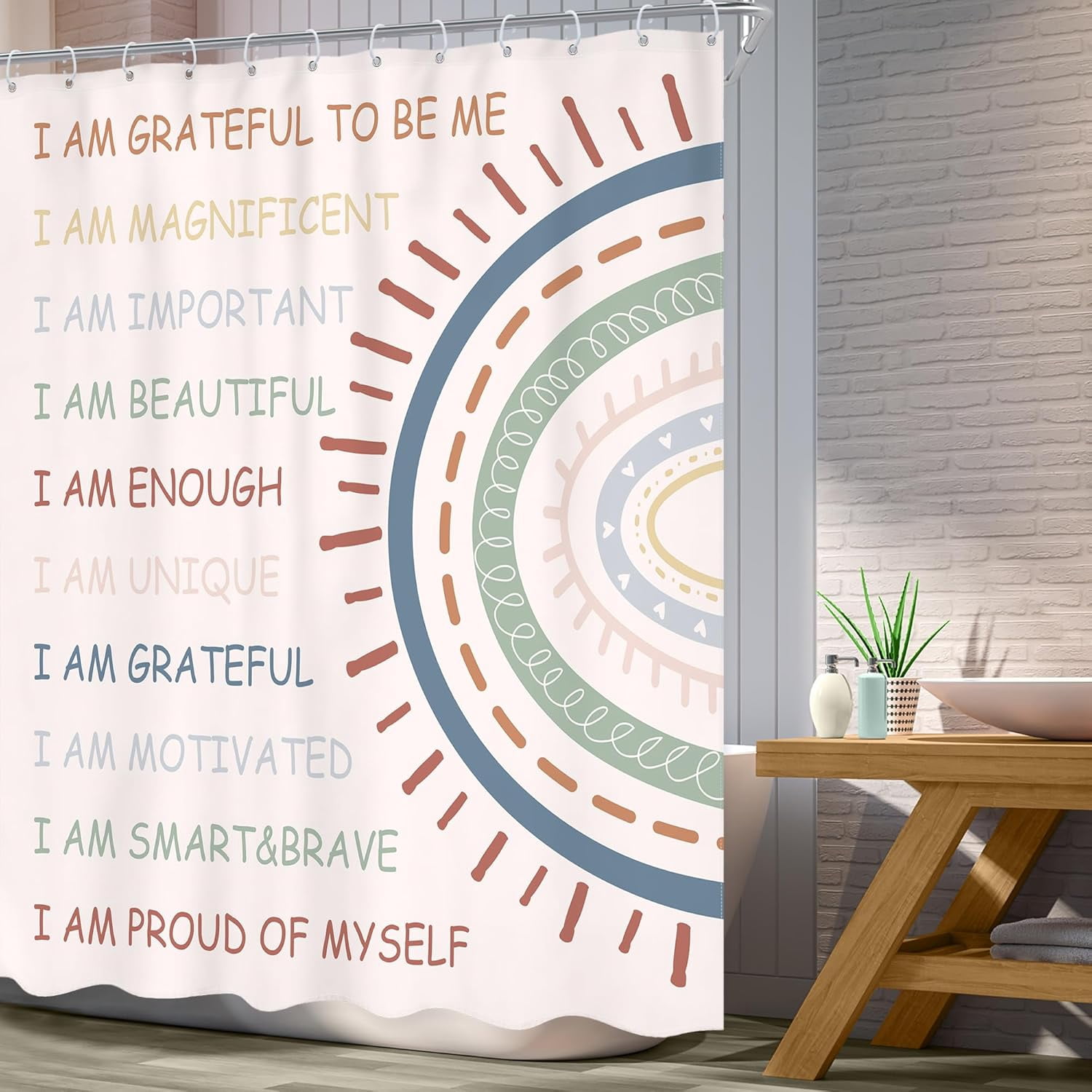 Kids Girls Rainbow Inspirational Shower Curtain Positive Quote Motivational Boho Abstract Pink Cartoon Cute Colorful Lovely 72Wx72L Inch Bathroom Set Bath Curtain Bathtub Accessories Home Decor