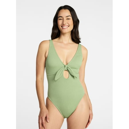 Time and Tru Women's Crinkle Plunge Tie Front One Piece Swimsuit, Sizes XS-3X