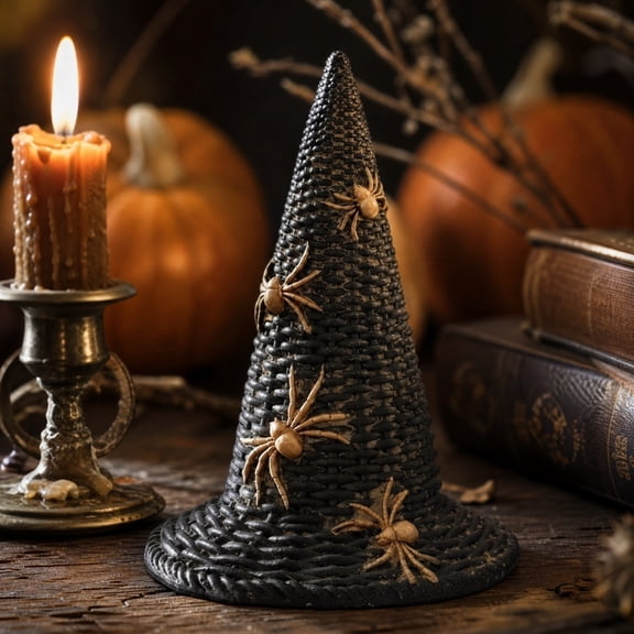 Halloween Witch Hat Decor Woven Texture Witch Hat Tabletop Figurine with Spider, Resin Halloween Fall Harvest Decor Statue, Spooky Seasonal Mini Ornament for Mantel Porch Desk Party Display