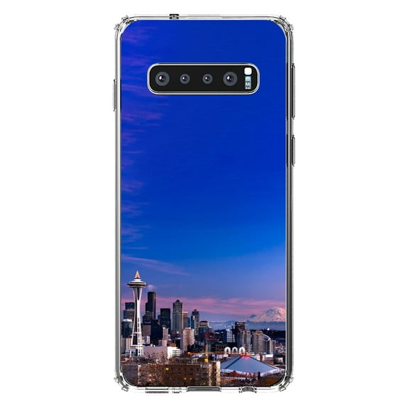 DistinctInk Clear Shockproof Hybrid Case for Samsung Galaxy S10 (6.1" Screen) - TPU Bumper, Acrylic Back, Tempered Glass Screen Protector - Seattle Skyline Night - Seattle