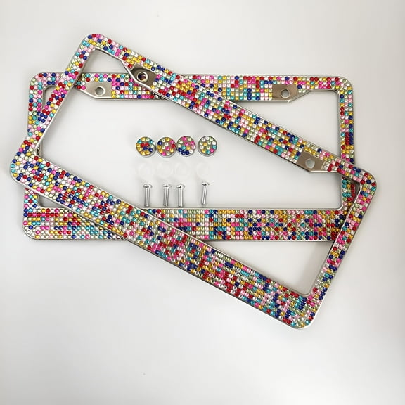 MELIVO 2Pack Multicoloured Bling License Plate Frame for Women, 2 Pack Stainless Steel Rhinestone License Plate Frames