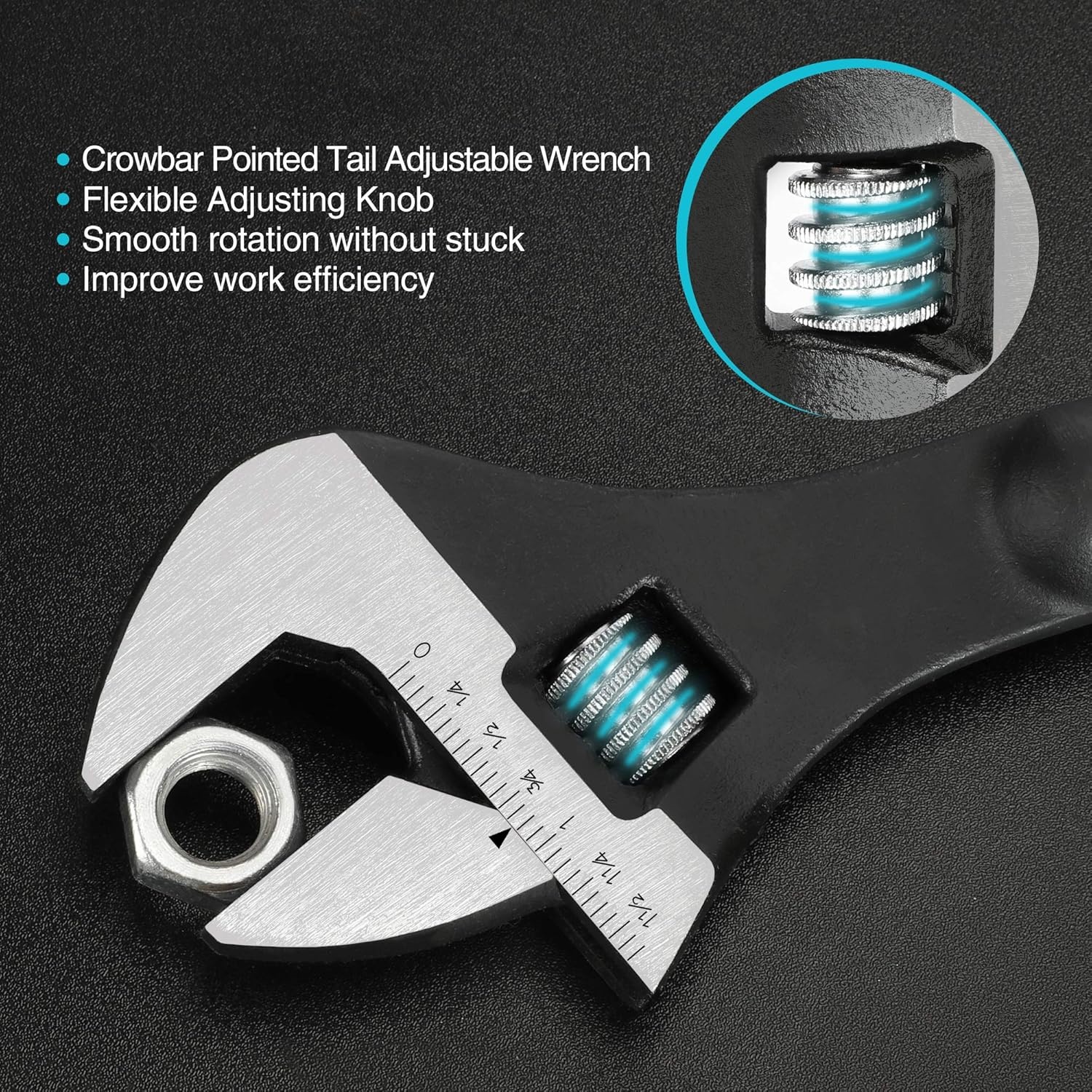 3-Piece Adjustable Construction Spud Wrench Set, 8-inch, 10-inch, 12-inch, Black Oxide Finish, CR-V Steel, SAE and Metric Scale Marked, Alignment Holes and Tail Crowbar Features