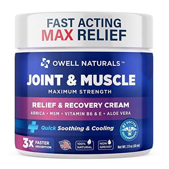 Owell Naturals Joint and Muscle Pain Relief Cream, 2 Oz, Sore Muscle Relief, Joint Pain, Non Greasy Formula
