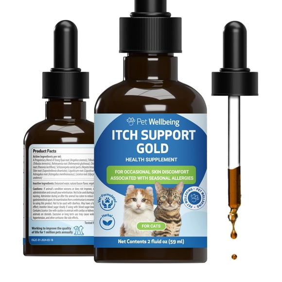 Pet Wellbeing Itch Support Gold for Cats - Occasional Itching, Scratching, and Hot Spots, Environmental and Seasonal Allergies, Dong Quai - Veterinar