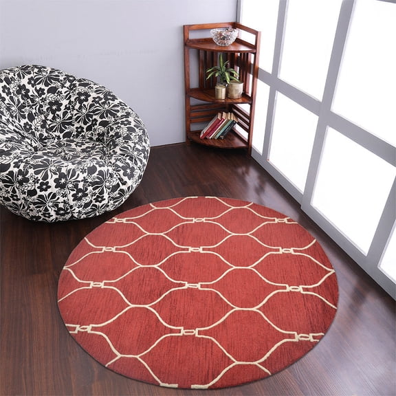 Rugsotic Carpets Hand Tufted Wool Eco-Friendly 8'x8' Area Rugs Round Red Beige Geometric Modern High Pile Thick Handmade Anti Skid Indoor Rug for Living Room, Bedroom K01004