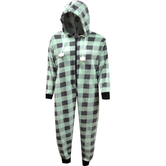 Totally Pink! Womens Mint Green and Gray Buffalo Plaid Print Hooded Onesie