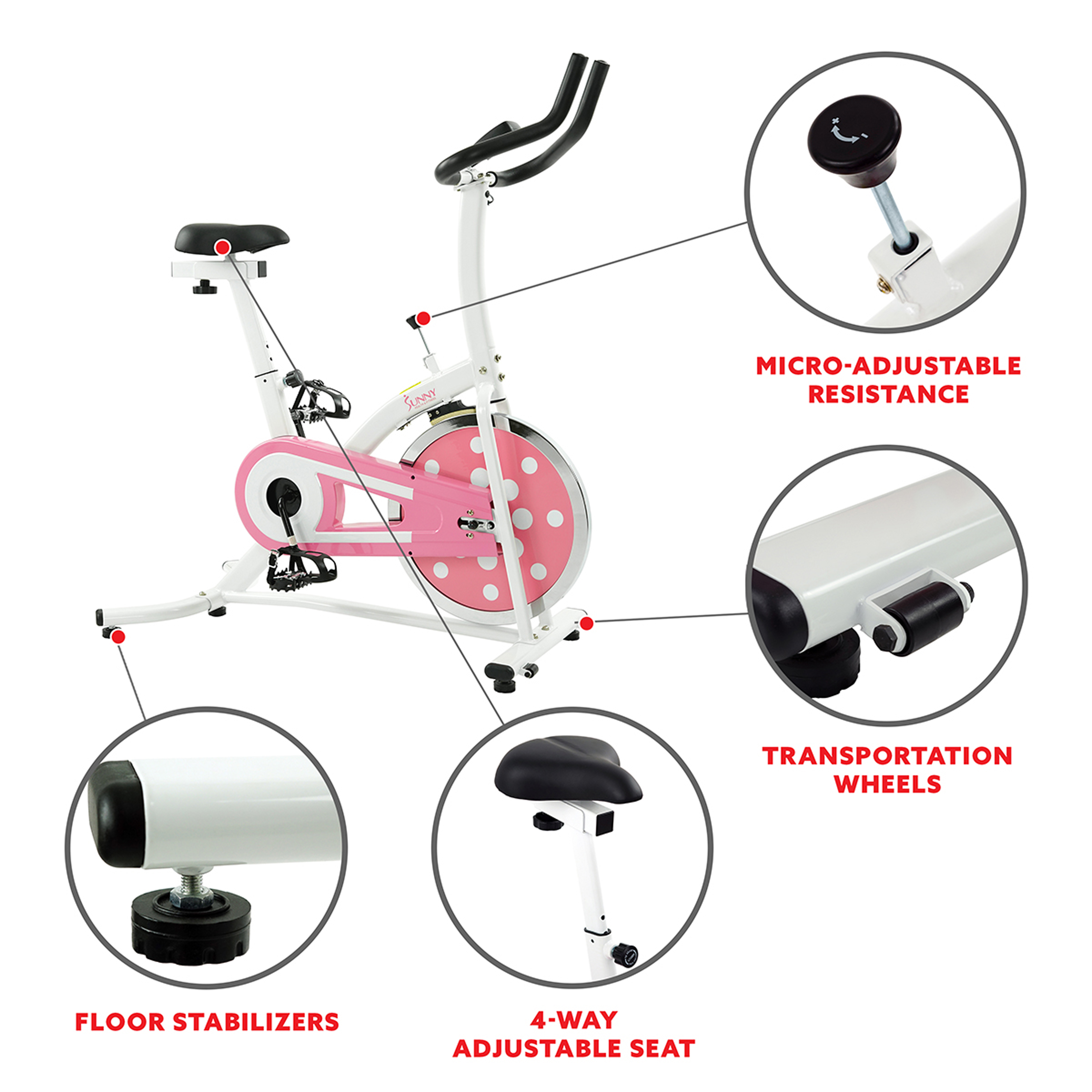Sunny Health & Fitness Pink Chain Drive Indoor Cycling Exercise Stationary Bike w/ Monitor for Home Workout, Sport Training P8100 - image 5 of 8