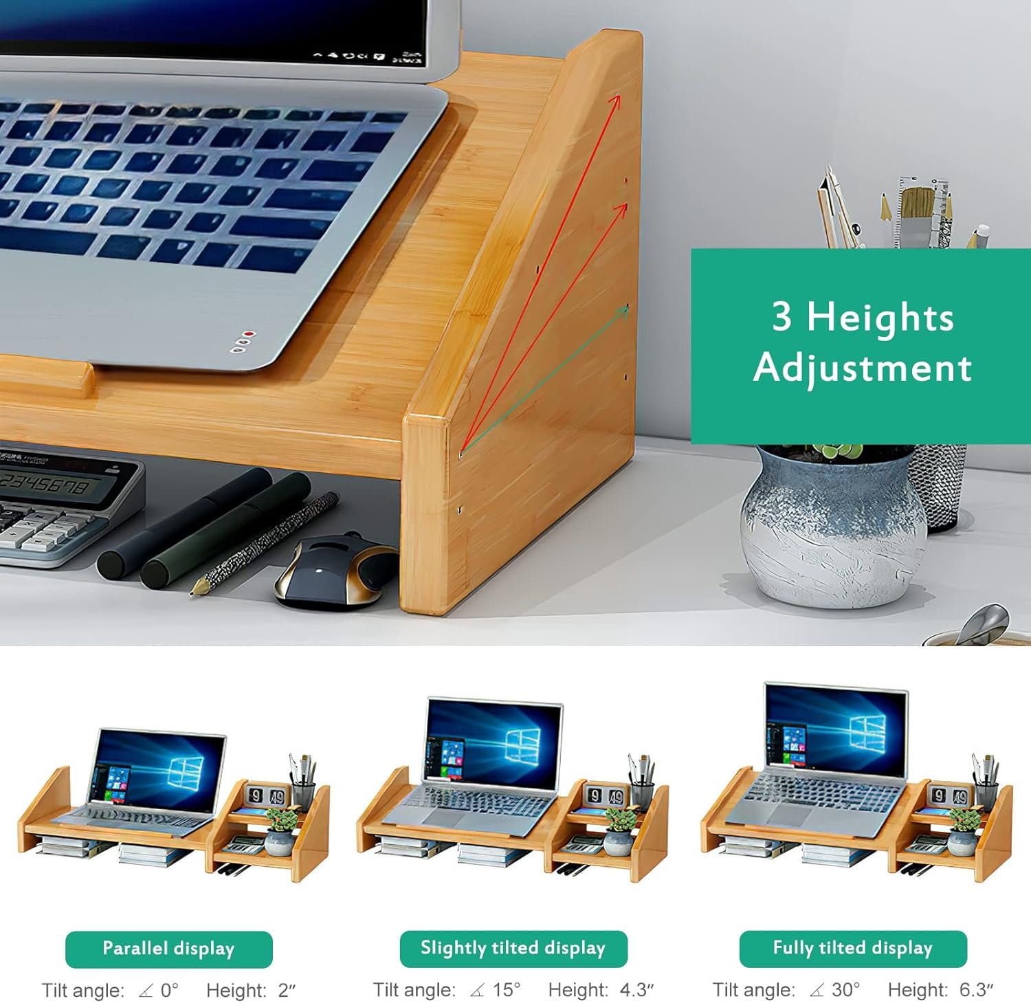 Bamboo Laptop Stand for Desk 3 Heights Adjustable Notebook Computer Monitor Riser with 2 Tier Storage Shelf, Desktop Organizer Printer Home Office