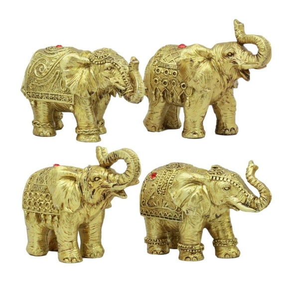 Ebros Thai Golden Elephant Feng Shui Figurine Set of 4 Trunk Raised Elephants 3.5" Long