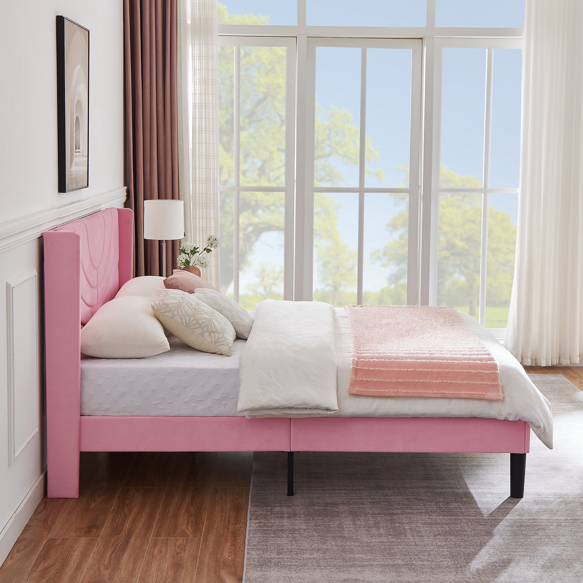 VECELO Upholstered Platform Full Bed Frame with Fabric Headboard,Wooden Slats Support/No Box Spring Needed/Mattress Foundation,Pink