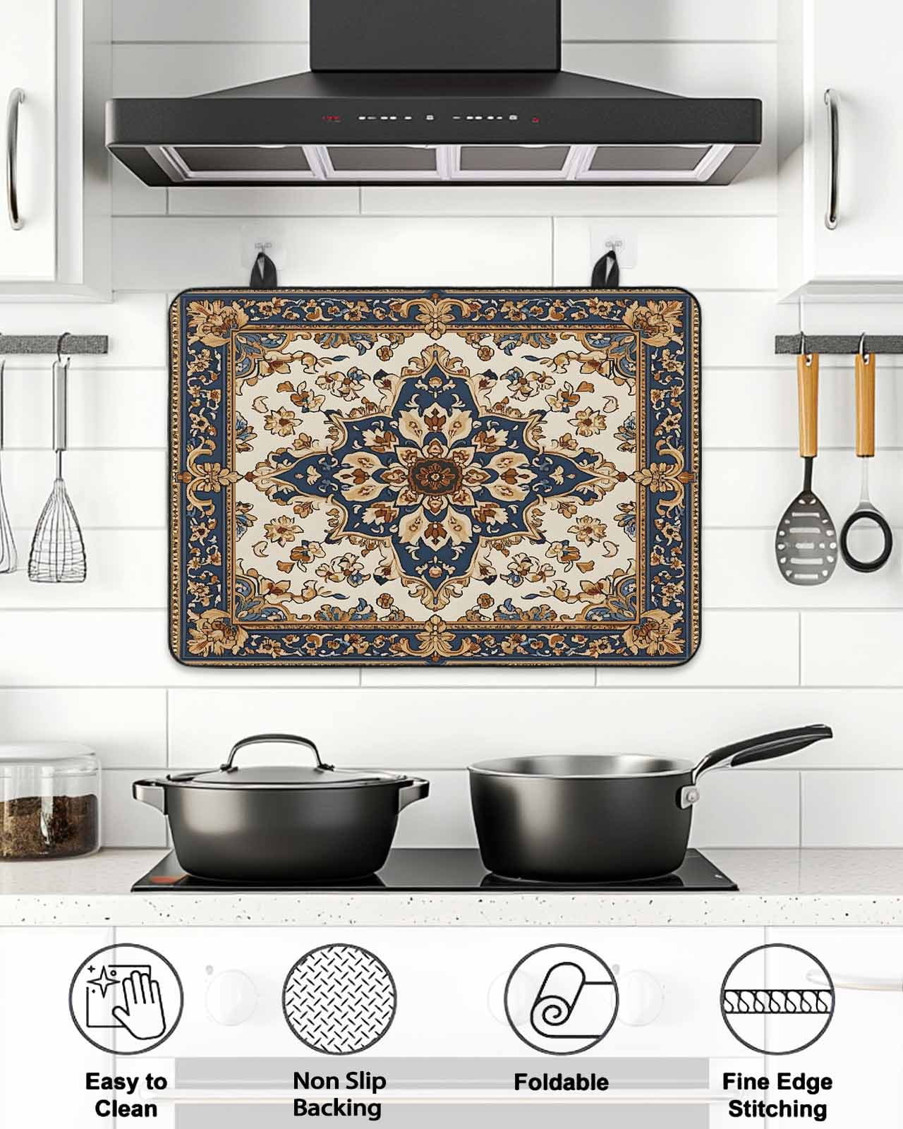 Stove Top Covers for Electric Stove, Boho Ethnic Glass Stovetop Cover Protector, Vintage Bohemian Traditional Floral Classic Induction Cooktop Protector Oven Mat for Kitchen Countertop 24"x21"