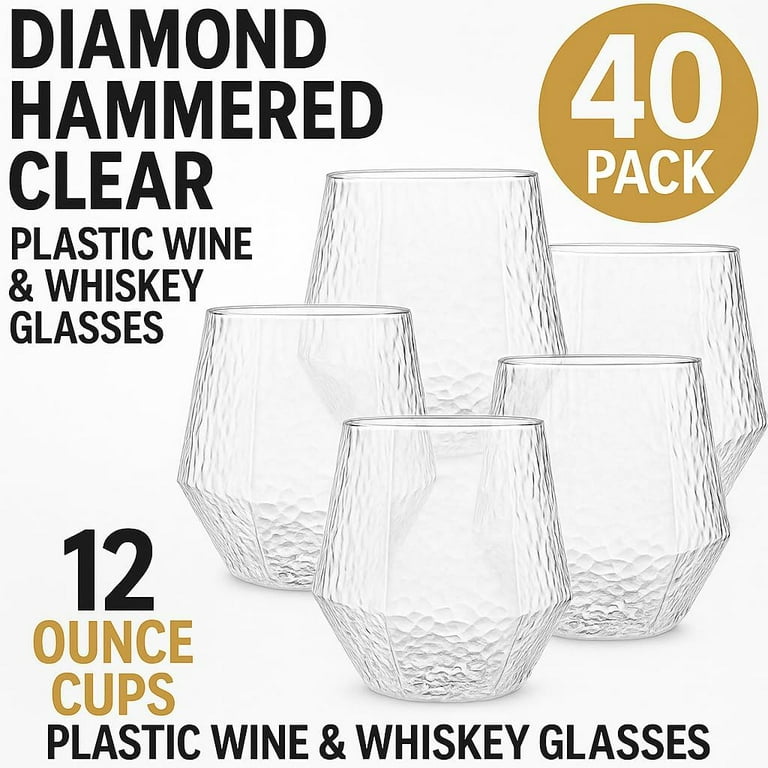 40 count Diamond Unbreakable Stemless Plastic Wine Champagne Whiskey Glasses  Elegant Durable Disposable Indoor Outdoor Ideal for Home, Office, Bars,  Wedding, 12 Ounce Cups Gold Rim (Gold) - Walmart.com