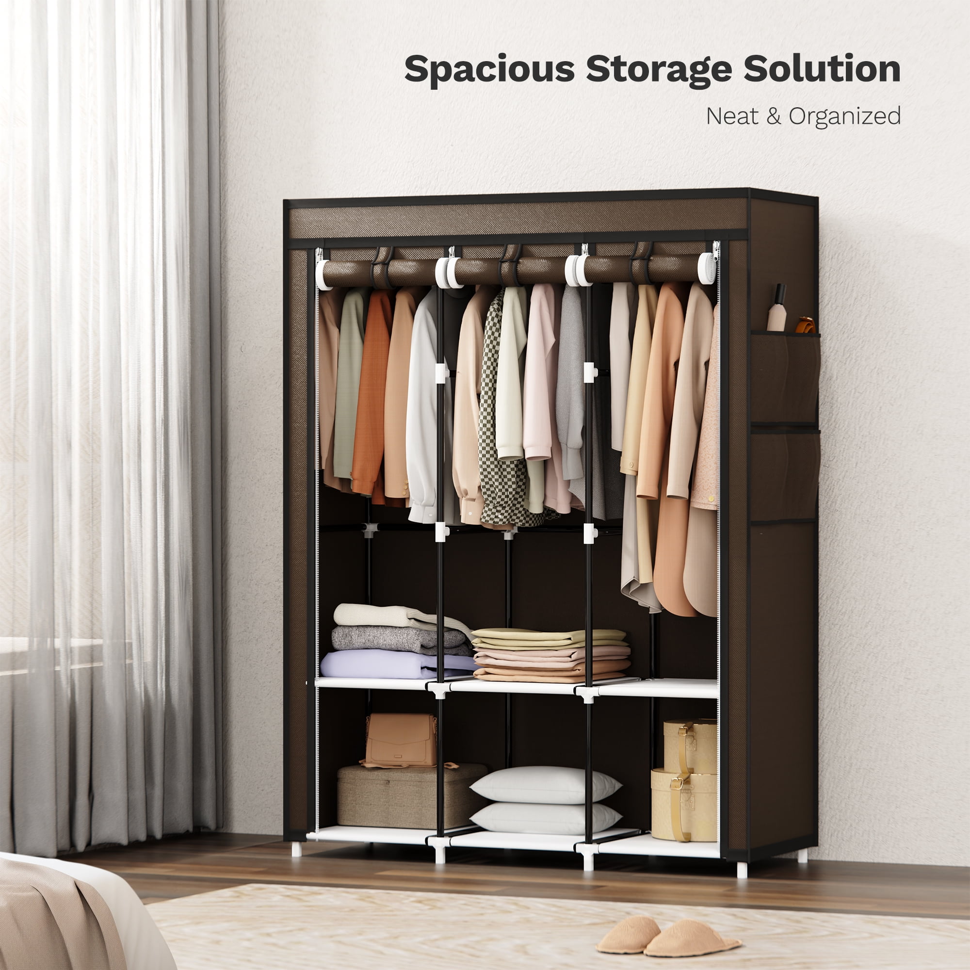 Riousery 51 Inch Portable Wardrobe Closet, 6 Storage Spaces with 3 Hanging Rods, Steel Frame Fabric Organizer, Easy Assembly and Dust Resistant Design, Brown