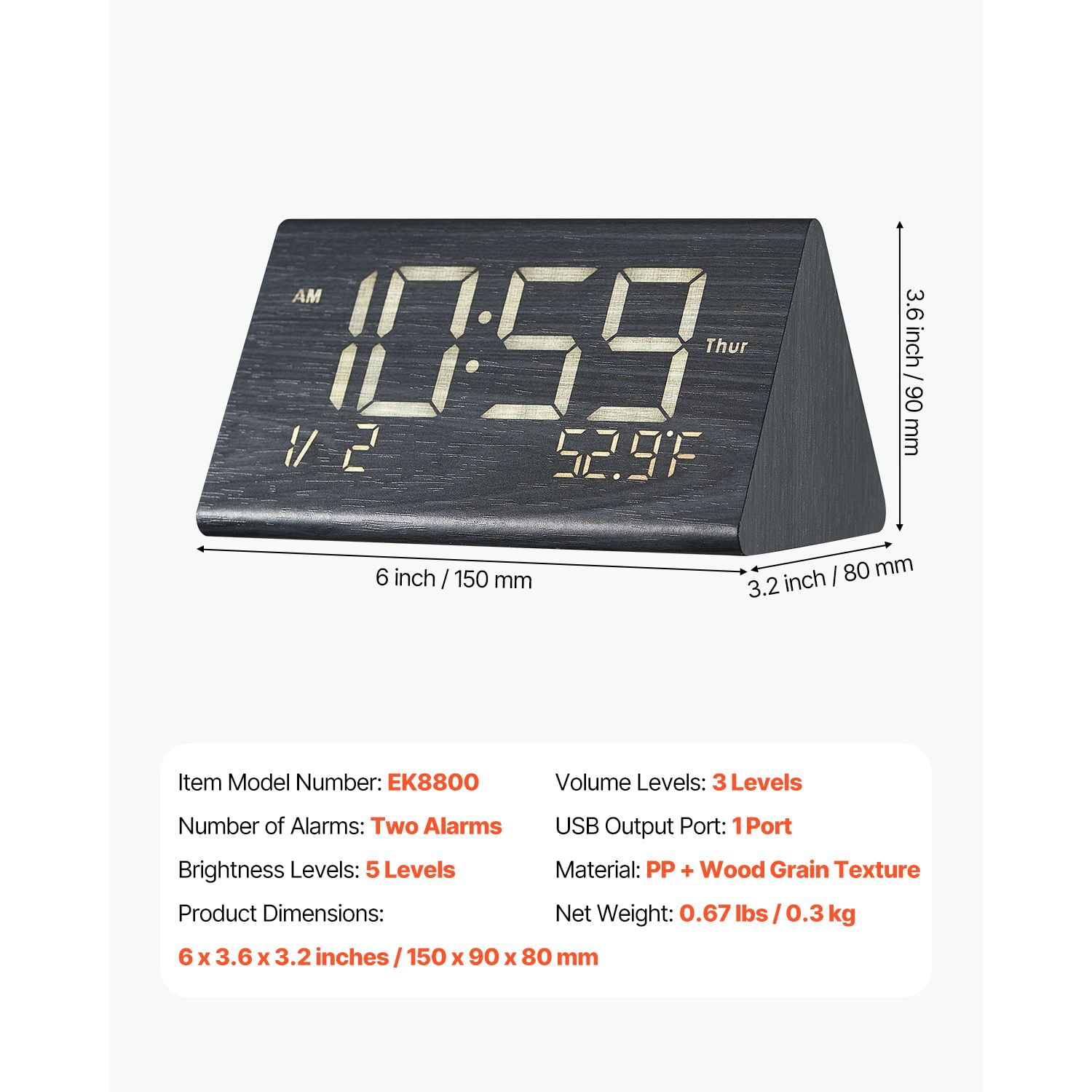Dual Alarm Digital Clock with Adjustable Volume, 3 Volume Levels 9-Minute Snooze, Battery Operated Desk Clock for Bedroom Office Wake Up