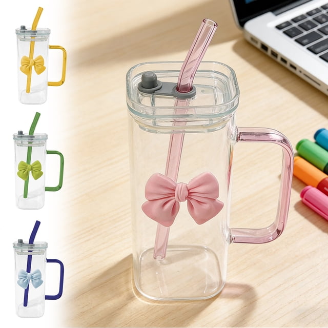 Vaso de agua de cristal 400ml con tapa de mango, vidrio, decoración desmontable de pajita | Vajilla moderna de vidrio resistente | Estilo personalizable | 1 Pieza | 13x6,5cm